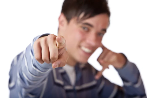 Young Nice Teenager Points Finger Camera Makes — Stock Photo, Image