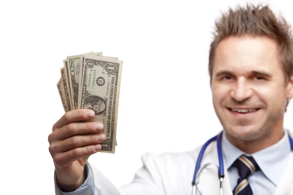 Jovem Feliz Sorrindo Masculino Médico Segurando Nos Dólares Contas Mão — Fotografia de Stock