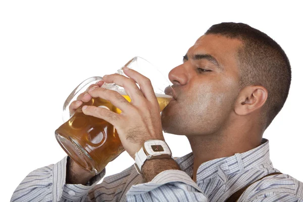 Sexy Aantrekkelijke Man Drinkt Uit Oktoberfest Bier Stein — Stockfoto