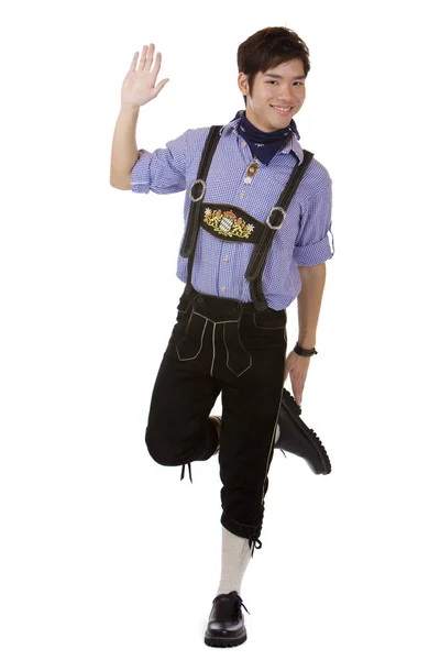 Człowiek Skórzanych Spodniach Oktoberfest Robi — Zdjęcie stockowe