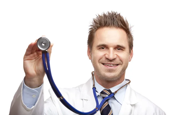 Nahaufnahme Eines Glücklichen Männlichen Arztes Mit Stethoskop Bereit Für Die Stockbild