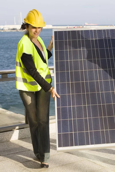 Woman Holding Solar Module — Stock Photo, Image