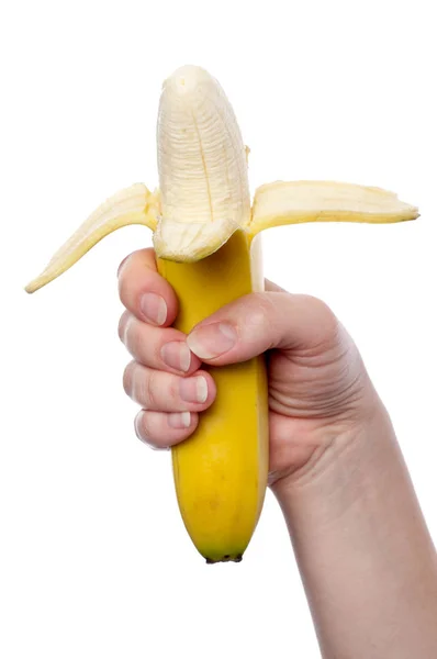 Vertical Womans Hand Holding Bannana White — Stock Photo, Image