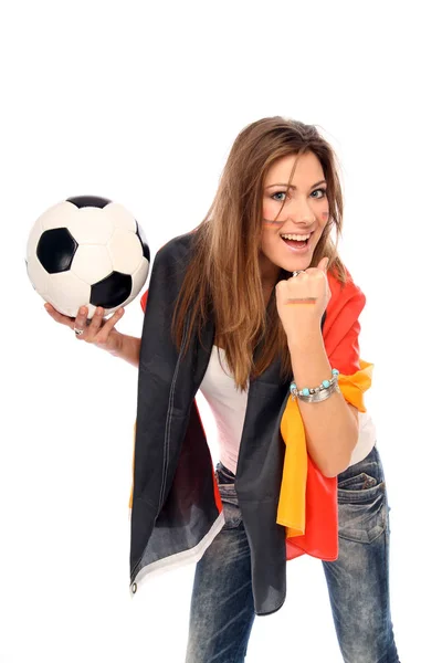 Junge Frau Mit Fußball Isoliert Auf Weiß — Stockfoto