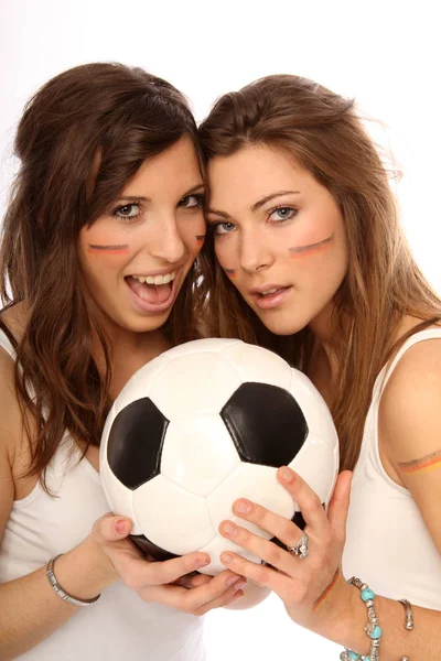 Duas Meninas Bonitas Com Uma Bola Futebol — Fotografia de Stock