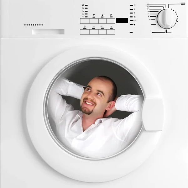 Young Man Laundry Room Washing Machine — Stock Photo, Image