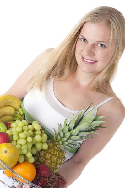 Uma Mulher Com Uma Cesta Frutas Legumes — Fotografia de Stock