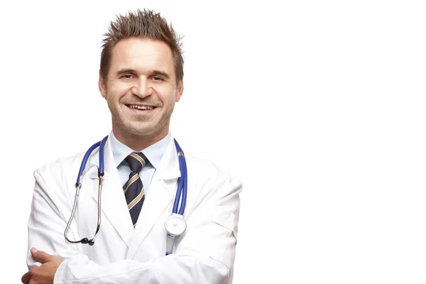 Retrato Médico Seguro Mismo Sonriente Con Cruzado — Foto de Stock