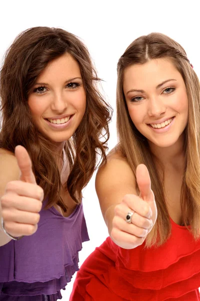 Deux Belles Filles Avec Les Pouces Vers Haut Isolé Sur — Photo