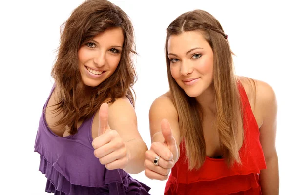 Duas Meninas Vestido Vermelho Com Polegares Para Cima — Fotografia de Stock