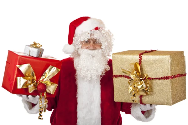 Vieja Feliz Santa Claus Celebrando Regalos Navidad Las Manos — Foto de Stock