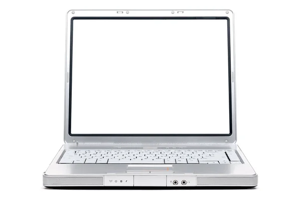 Ein Silbernes Computer Notizbuch Auf Weiß Mit Leerem Bildschirm — Stockfoto
