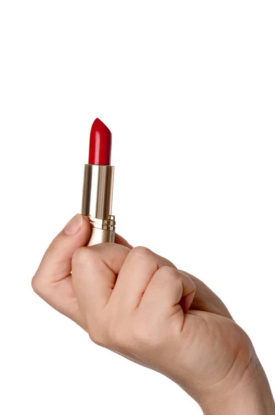 赤い口紅を手に持つ女性の手の垂直イメージ — ストック写真