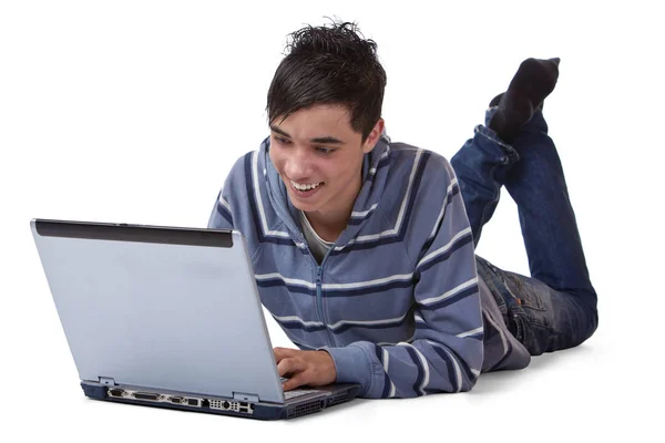 Youn Felice Maschio Adolescente Lavorando Computer Portatile — Foto Stock