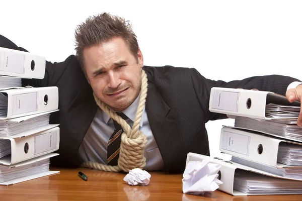 Stressed Business Man Rope Lasso Neck Crying — Stock Photo, Image