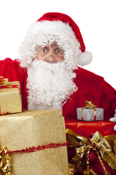 Surprised Santa Claus Knees Big Stack Christmas — Stock Photo, Image