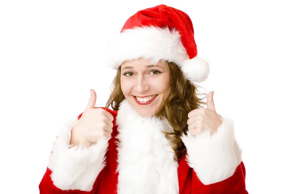 ハッピーサンタクロース女性とともにクリスマス衣装ショー親指アップ — ストック写真
