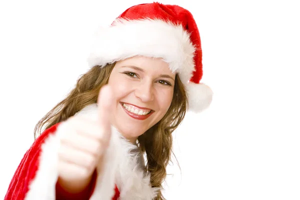 幸せなサンタクロースの女性とともにクリスマス衣装ショー親指アップ — ストック写真