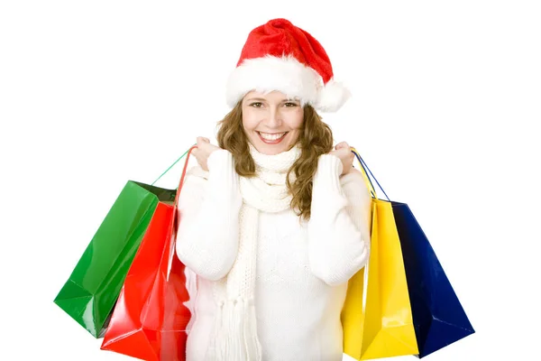 Jóvenes Atractivos Sonriendo Mujer Santa Claus Haciendo Compras Navideñas — Foto de Stock