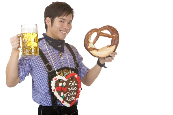 Giovane Uomo Che Tiene Oktoberfest Birra Stein Pretzel Mano — Foto Stock