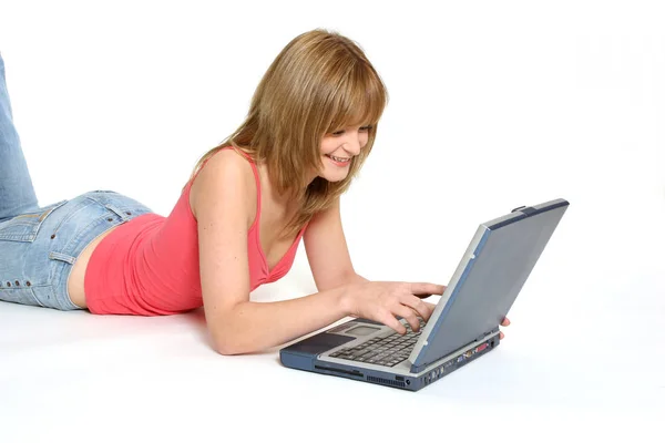 Finger Pointing Laptop Chat — Stock Photo, Image