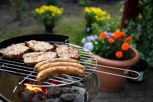 정원에 고기와 소시지를 곁들인 바베큐 — 스톡 사진