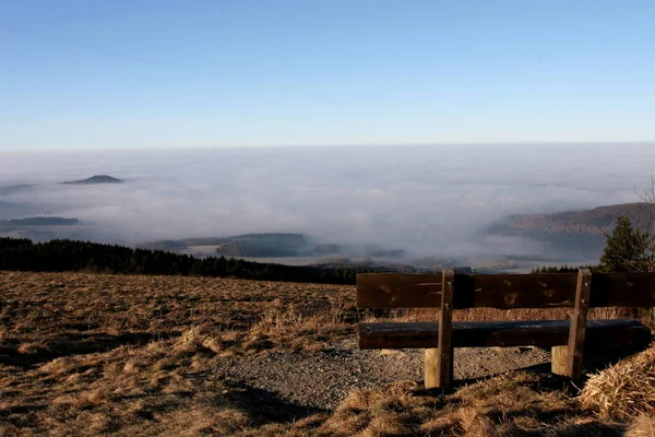 Landscape Mountain Cloudy Sky Wooden Bench — Stock Photo, Image