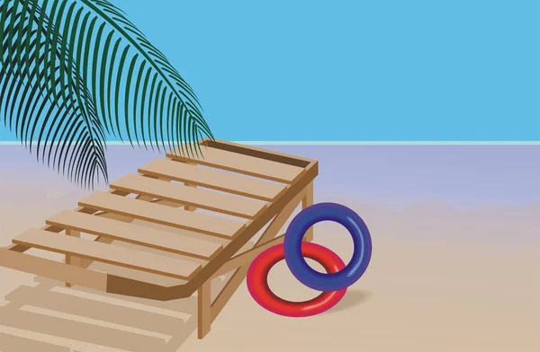 Illustration Eines Hölzernen Liegestuhls Mit Einem Strand Und Einem Schiff — Stockfoto