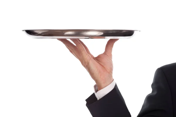 Waiter Holding Tray Black Plate — Stock Photo, Image