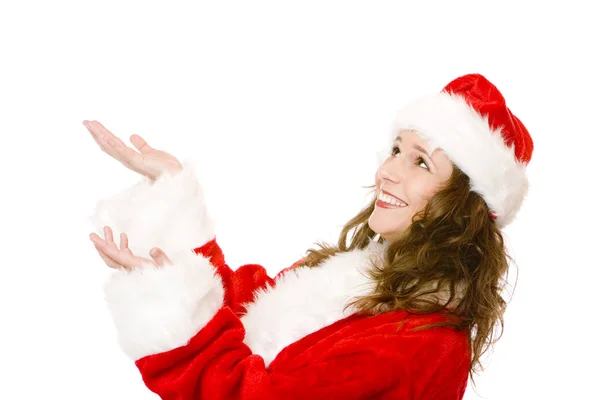 Jeune Joyeuse Femme Père Noël Attrapant Des Cadeaux Noël Tombés — Photo