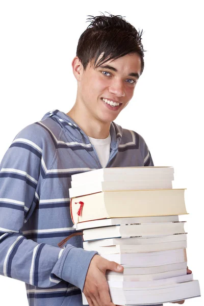 Portret Van Een Jonge Knappe Student Het Bezit Van Boeken — Stockfoto