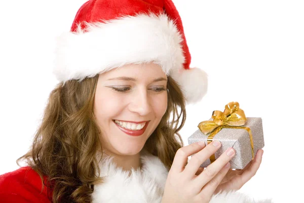 Young Happy Woman Santa Claus Costume Holding Christmas — Stok fotoğraf