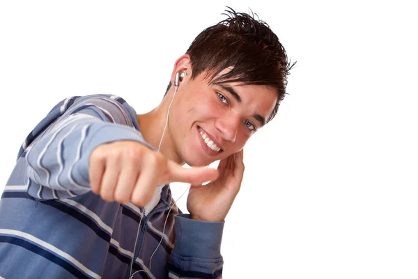 Mooie Jonge Man Luisteren Mp3 Muziek Show Duim Omhoog — Stockfoto