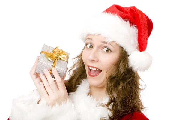 Genç Sürpriz Noel Baba Kadın Elinde Noel Hediyesi Tutuyor — Stok fotoğraf