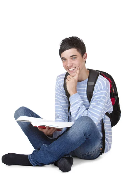 Νεαρός Όμορφος Χαμογελαστός Μαθητής Κάθεται Στο Πάτωμα Βιβλίο — Φωτογραφία Αρχείου