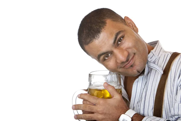 Young Man Holding Carefully Oktoberfest Beer Stein Hands — Stock Photo, Image