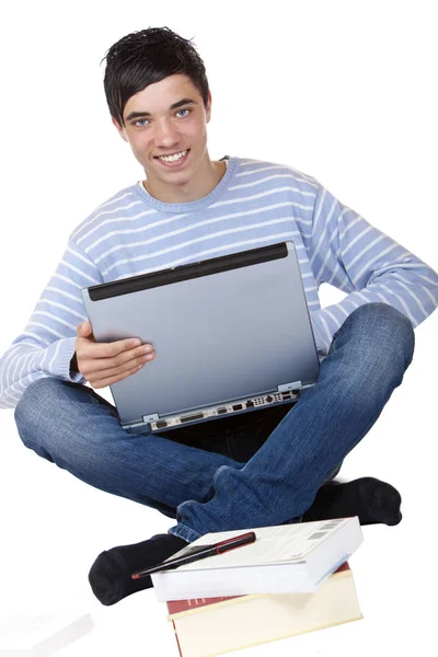 Молодой Счастливый Студент Сидящий Ноутбуком Книгами Полу — стоковое фото