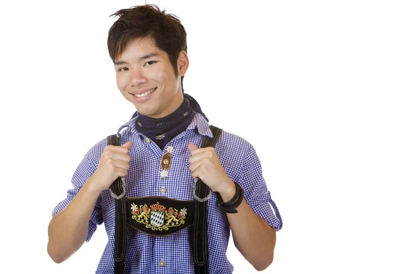 Jonge Aziatische Beierse Oktoberfest Lederen Broek Lederhose — Stockfoto