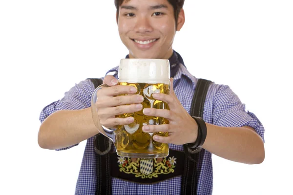 Jovem Feliz Homem Segurando Oktoberfest Cerveja Stein Missa Veio — Fotografia de Stock