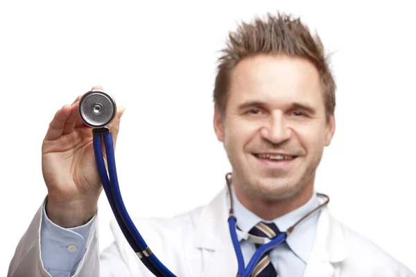 Closeup Happy Male Doctor Holding Stethoscope Ready Exam — Stock Photo, Image