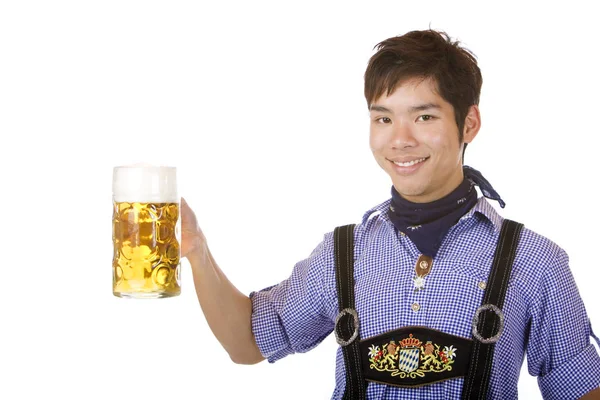 Glimlachend Aziatisch Bedrijf Oktoberfest Bier Stein Mass — Stockfoto