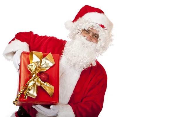 Old Happy Santa Claus Holding Christmas Gift Hands — Stock Photo, Image