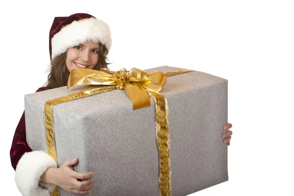 Mutlu Noel Baba Kadın Elinde Büyük Bir Noel Hediyesi Kutusu — Stok fotoğraf
