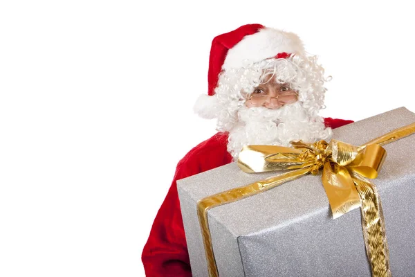 Vecchio Maturato Felice Babbo Natale Possesso Una Grande Scatola Regalo — Foto Stock