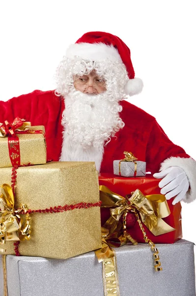 Surprised Santa Claus Knees Big Stack Christmas Gift — Stock Photo, Image