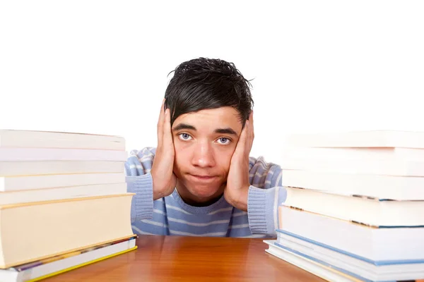 Jovem Bonito Masculino Estudante Sentado Frustrado Entre Estudo Boo — Fotografia de Stock