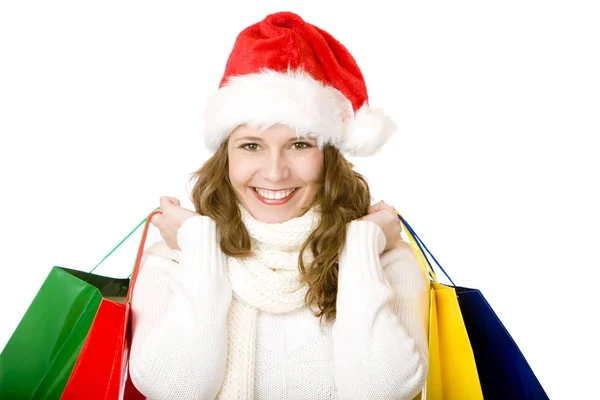 若い魅力的な笑顔サンタクロースの女性はクリスマスショップをやって — ストック写真