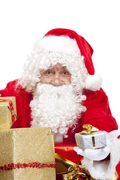 Old Happy Santa Claus Gift Stack Holding Christmas Gift — Stock Photo, Image