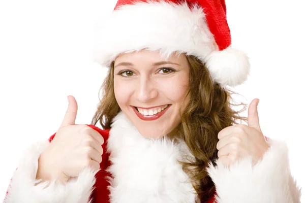 Feliz Papai Noel Mulher Com Traje Natal Mostra Polegares Para — Fotografia de Stock