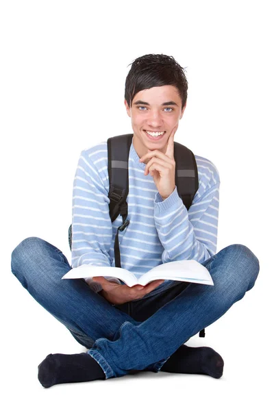Jonge Gelukkige Knappe Mannelijke Student Zitten Met Studie Boek Flo — Stockfoto